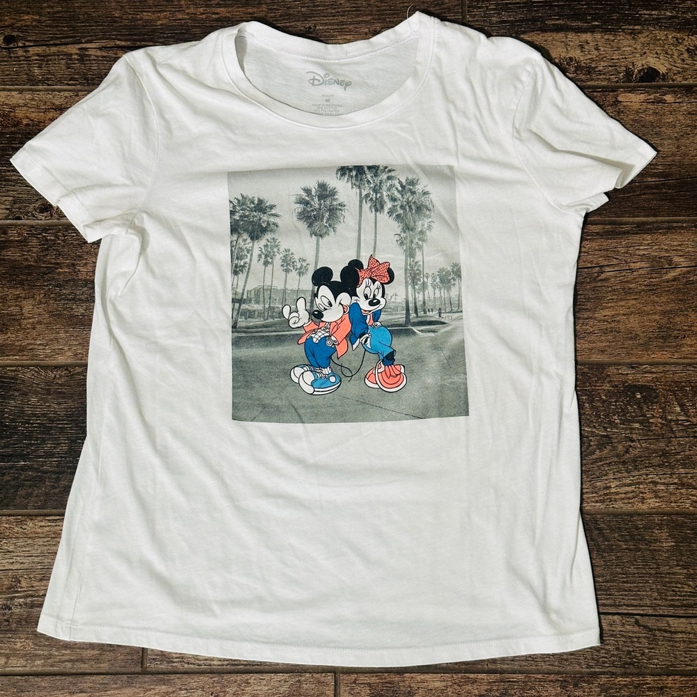 Disney - Cool Mickey & Minnie Palm Trees Women's White T-Shirt Size Medium M